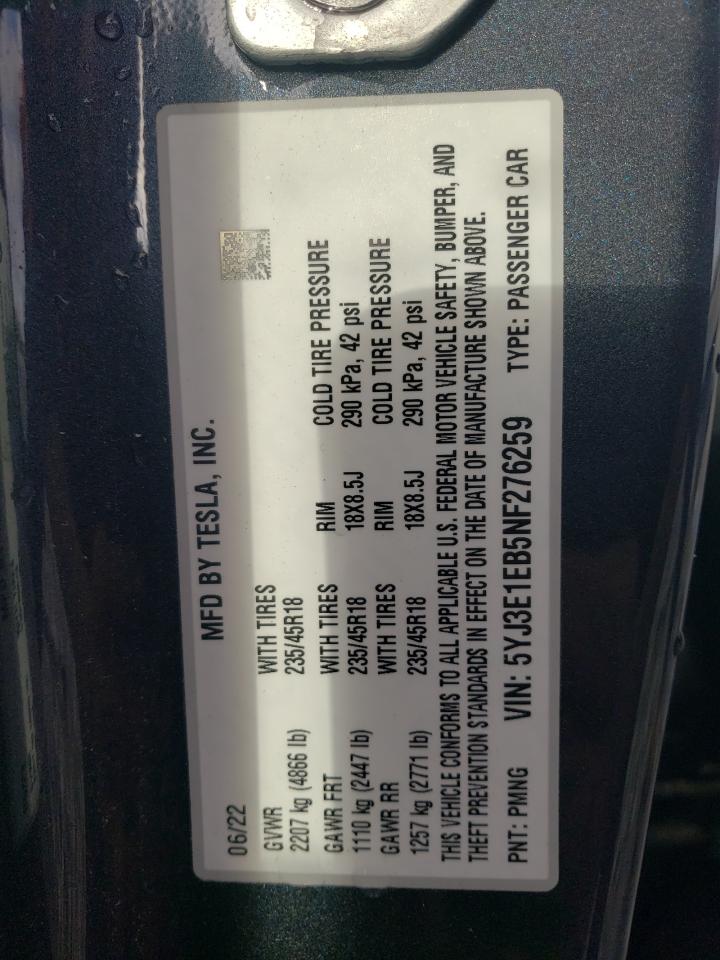 2022 TESLA MODEL 3 VIN:5YJ3E1EB5NF276259