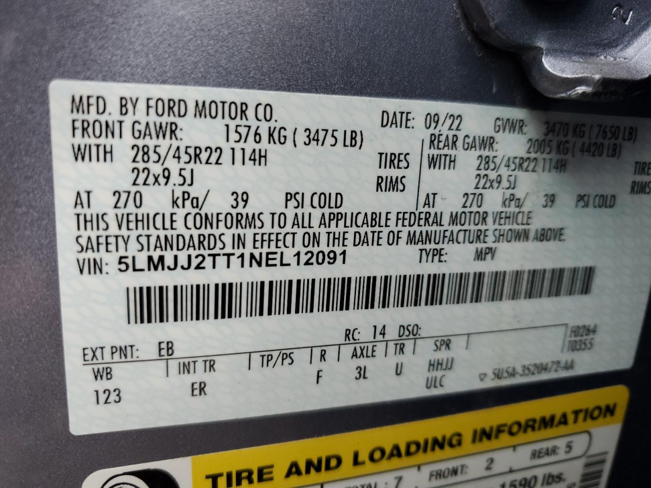 2022 LINCOLN NAVIGATOR BLACK LABEL VIN:5LMJJ2TT1NEL12091