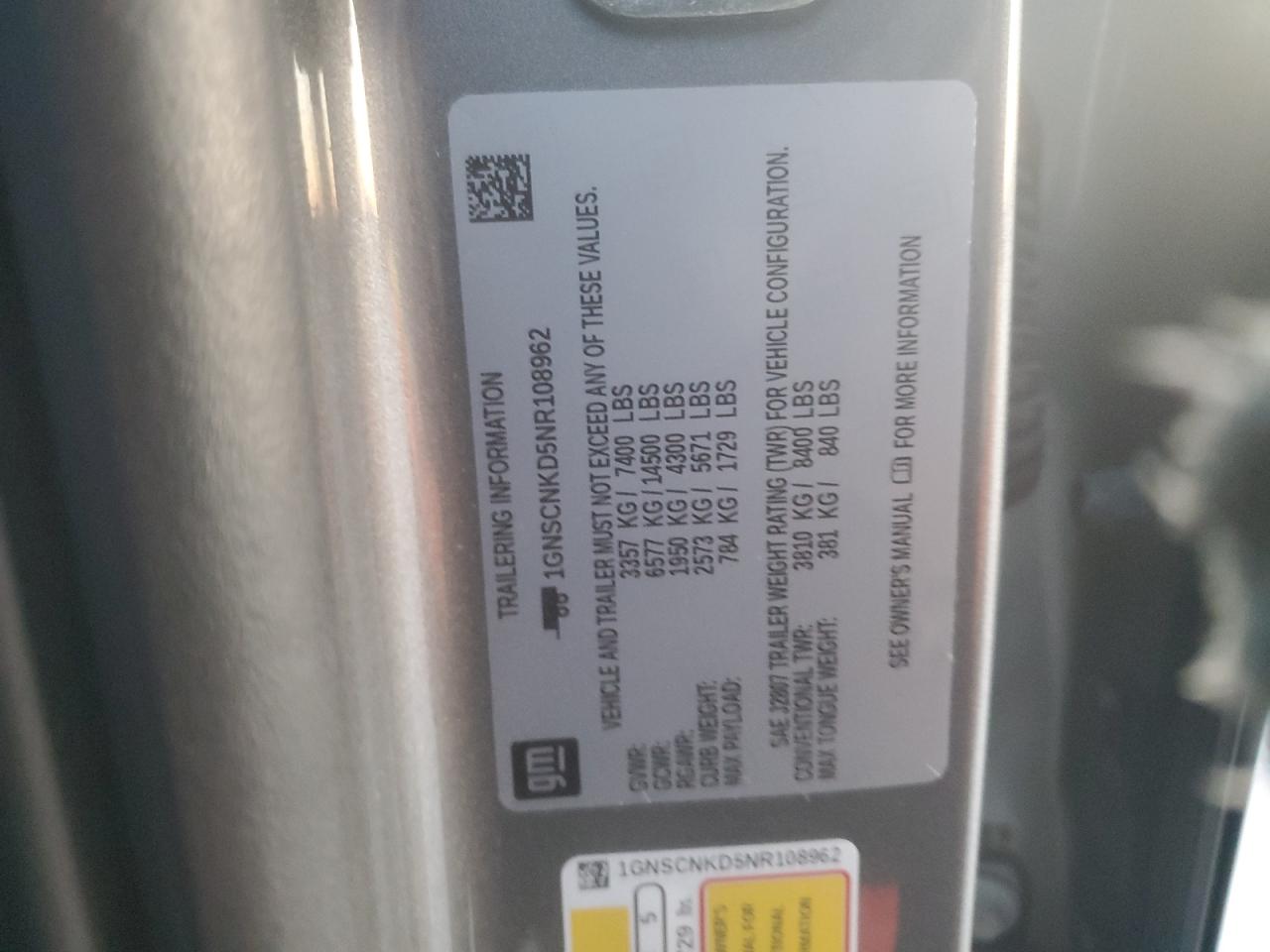 2022 CHEVROLET TAHOE C1500 LT VIN:1GNSCNKD5NR108962