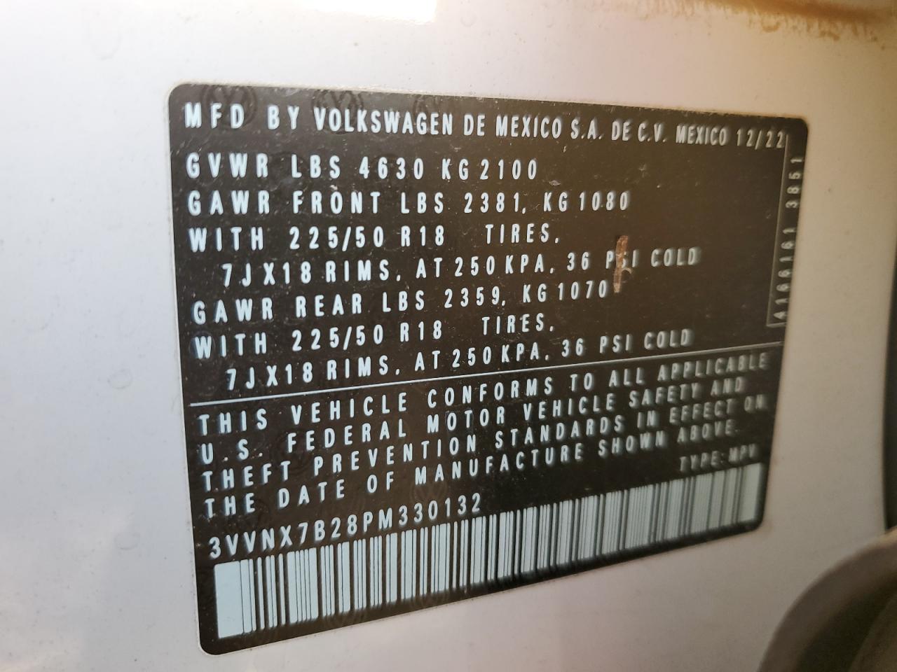 2023 VOLKSWAGEN TAOS SE VIN:3VVNX7B28PM330132