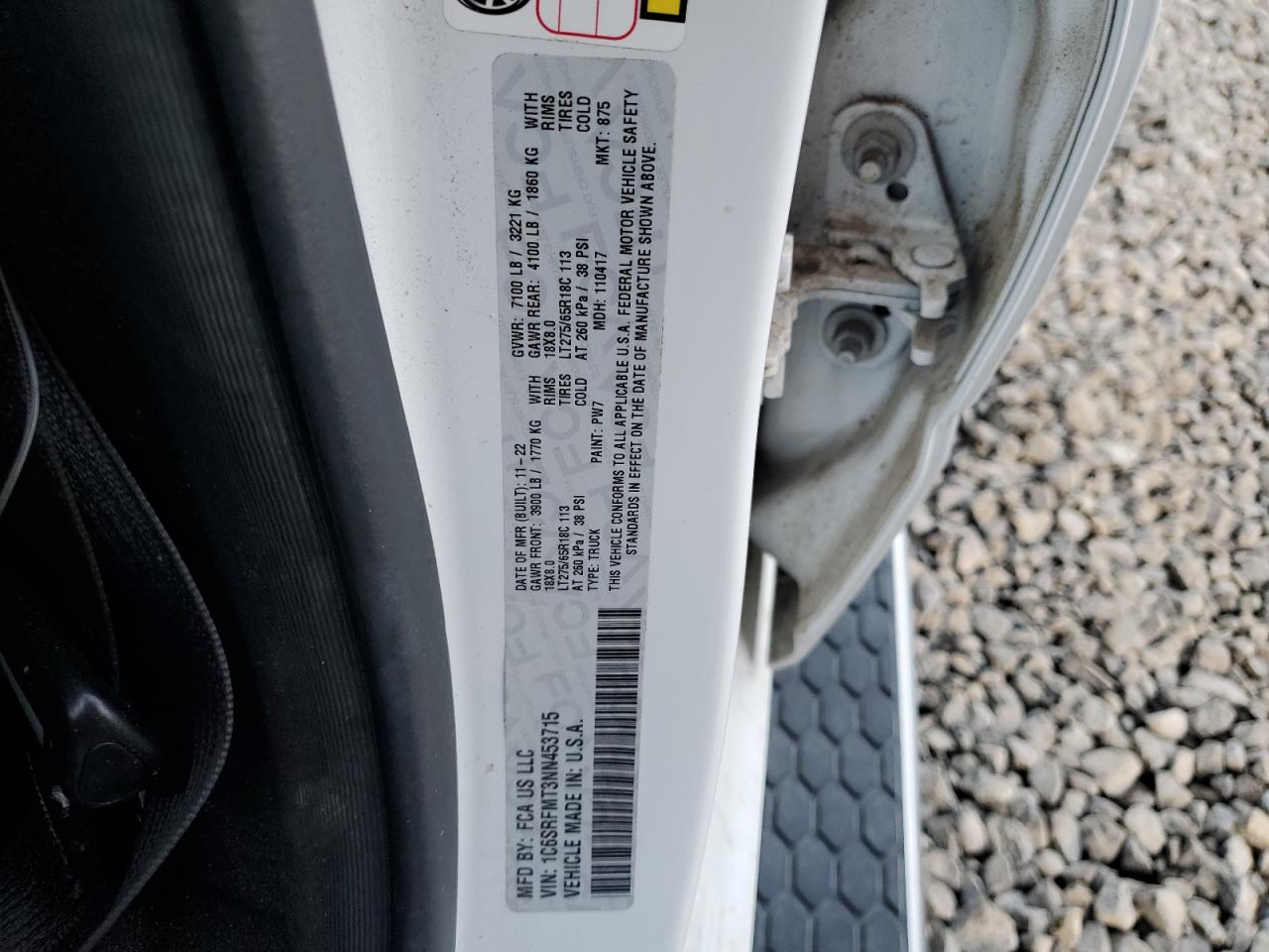 2022 RAM 1500 BIG HORN/LONE STAR VIN:1C6SRFMT3NN453715