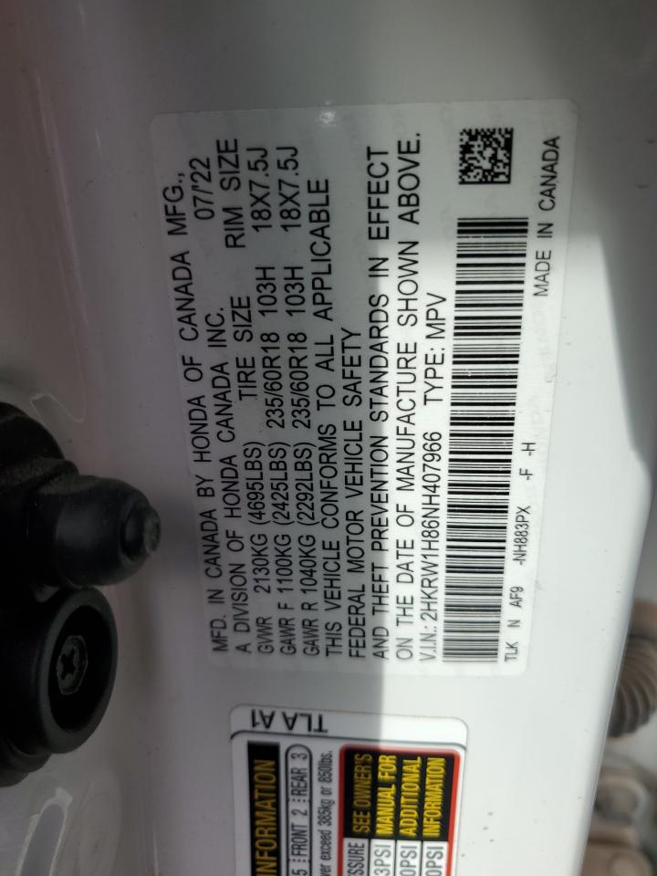 2022 HONDA CR-V EXL VIN:2HKRW1H86NH407966