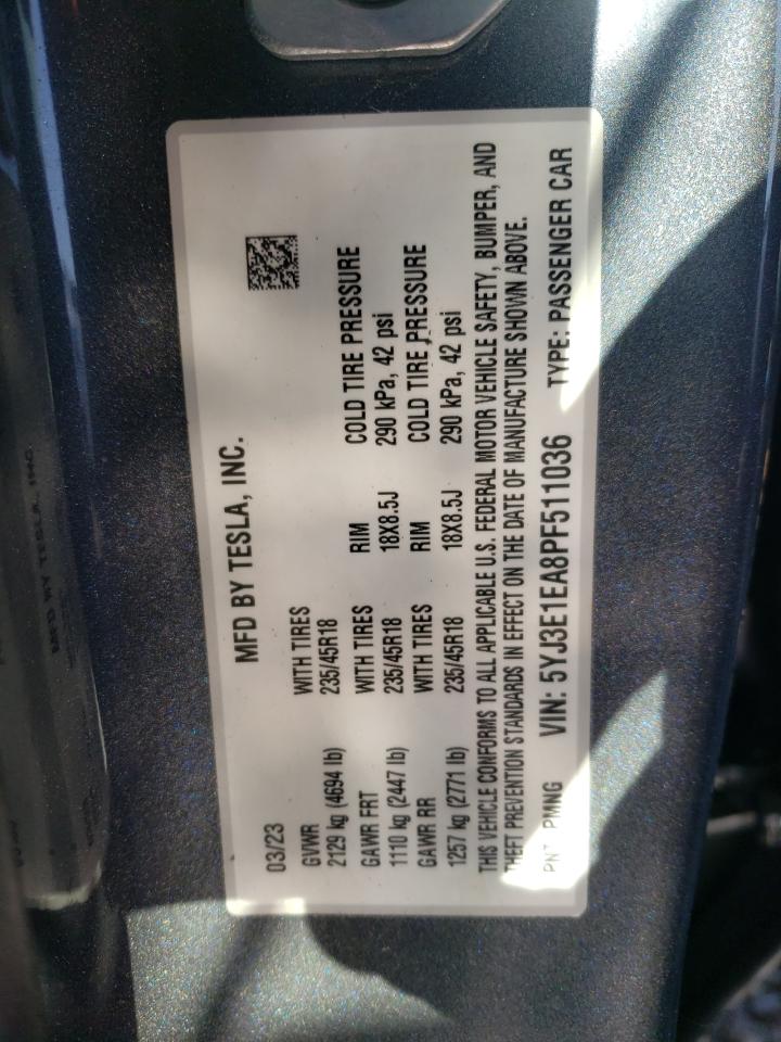 2023 TESLA MODEL 3 VIN:5YJ3E1EA8PF511036