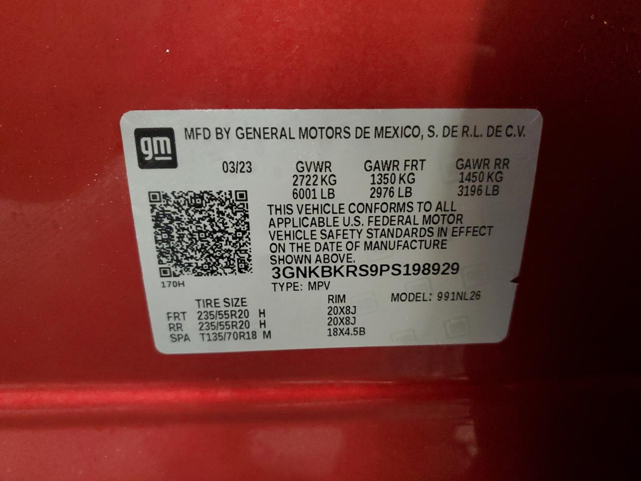 2023 CHEVROLET BLAZER RS VIN:3GNKBKRS9PS198929