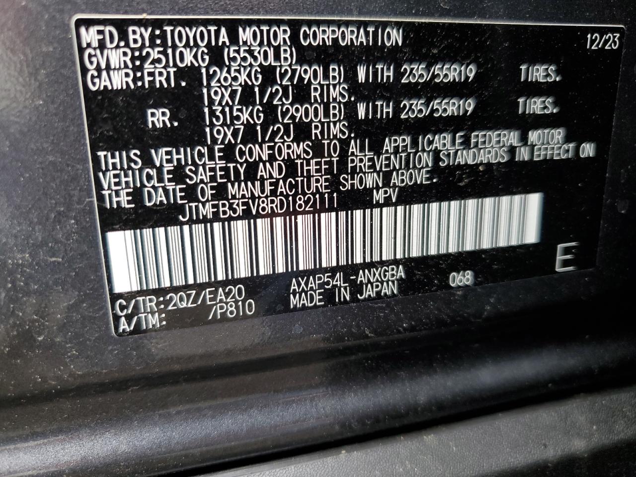 2024 TOYOTA RAV4 PRIME XSE VIN:JTMFB3FV8RD182111