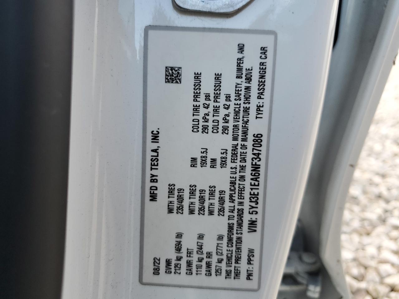 2022 TESLA MODEL 3 VIN:5YJ3E1EA6NF347086