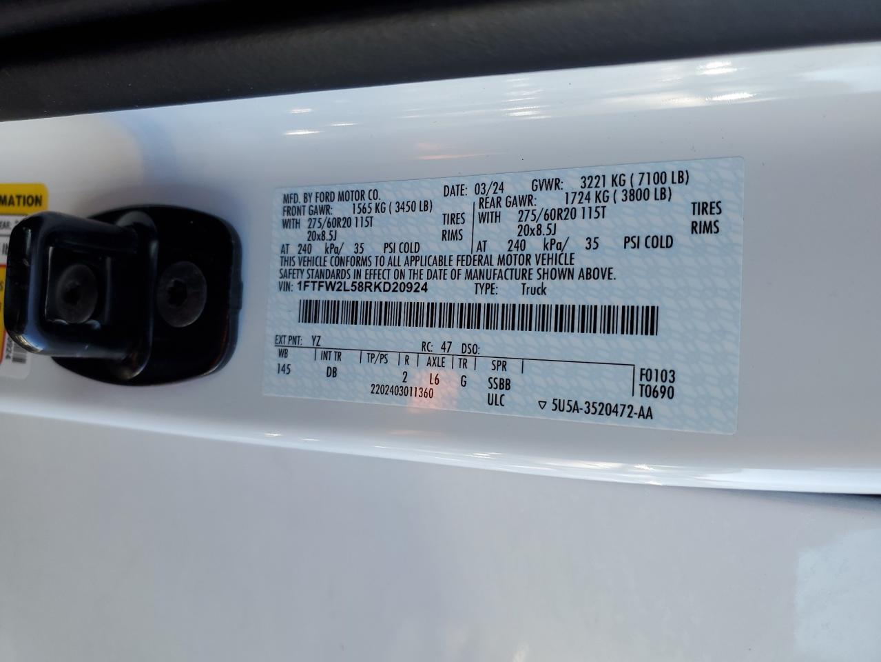 2024 FORD F150 STX VIN:1FTFW2L58RKD20924