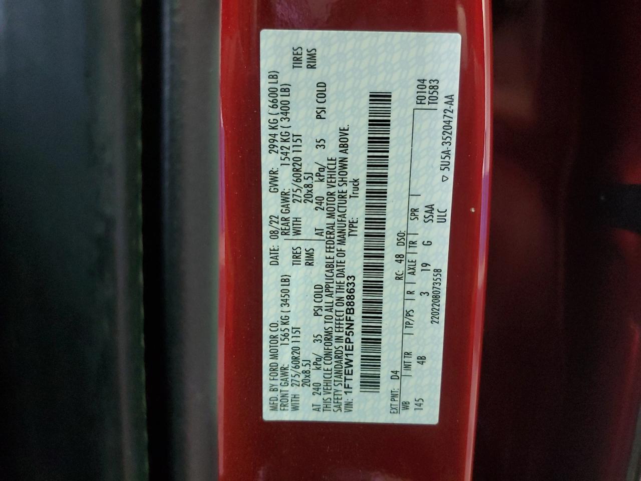 2022 FORD F150 SUPERCREW VIN:1FTEW1EP5NFB88633