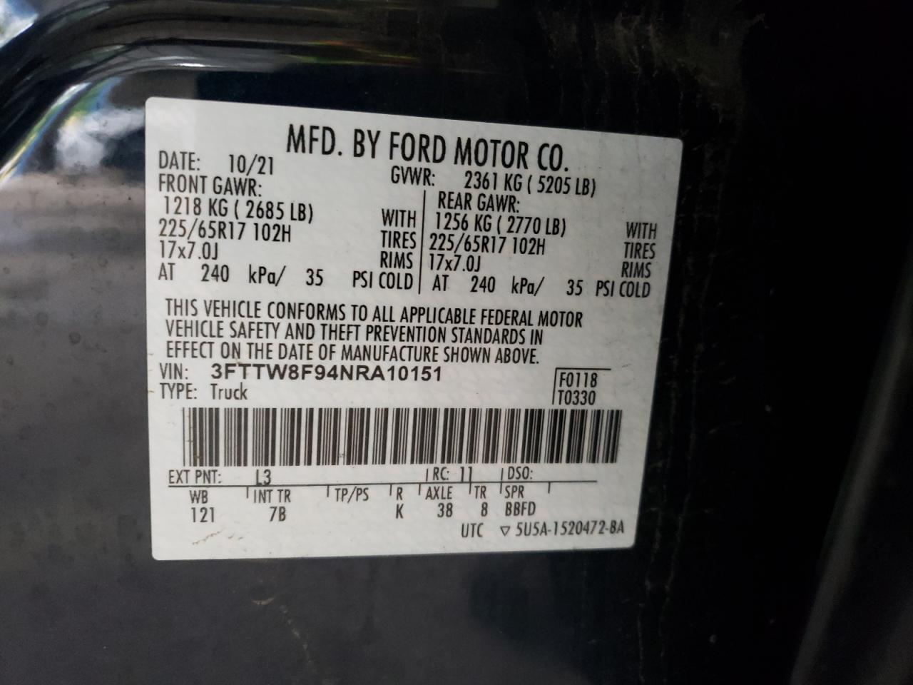 2022 FORD MAVERICK XL VIN:3FTTW8F94NRA10151
