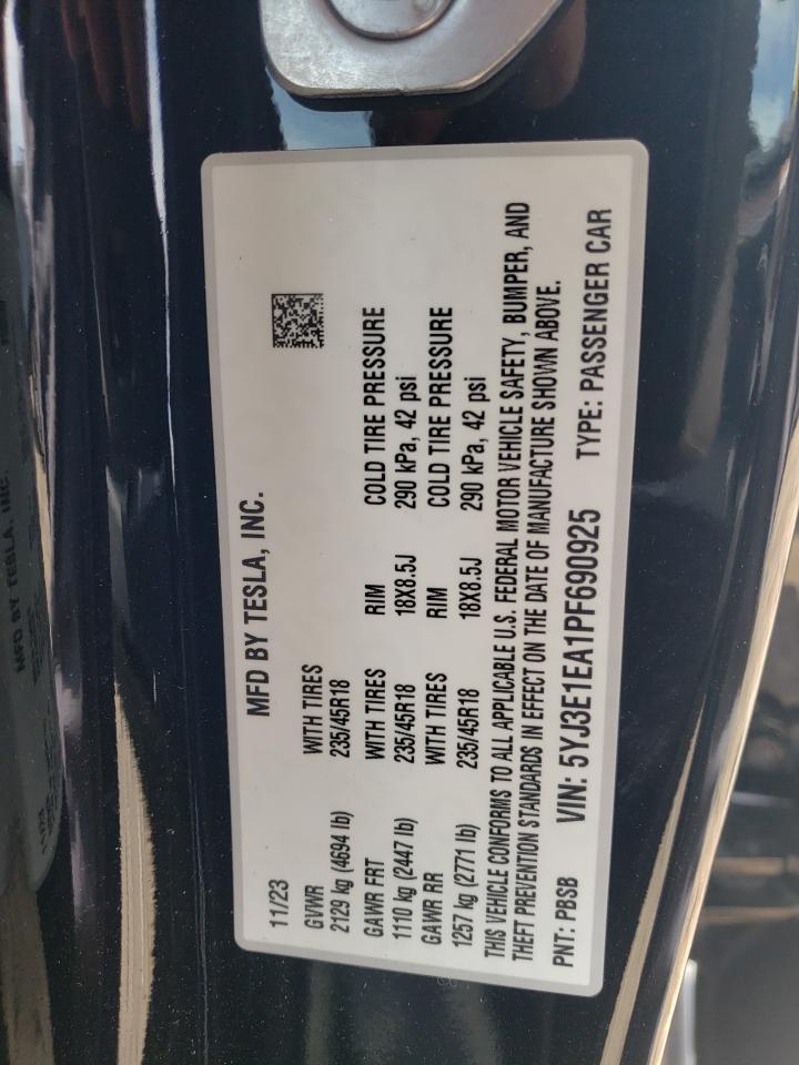 2023 TESLA MODEL 3 VIN:5YJ3E1EA1PF690925