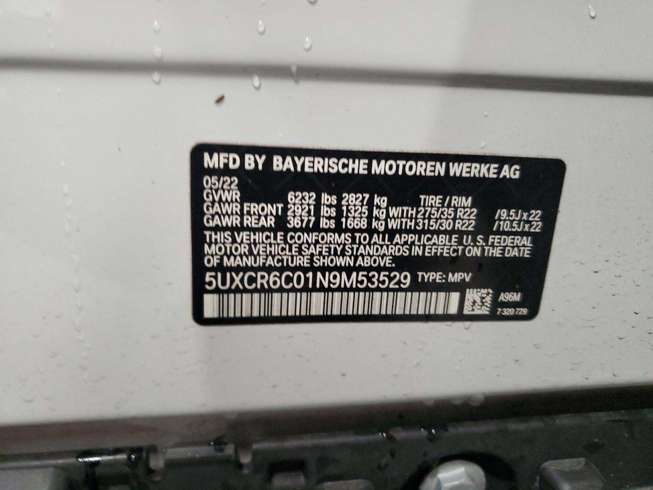 2022 BMW X5 XDRIVE40I VIN:5UXCR6C01N9M53529