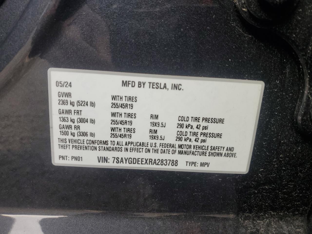 2024 TESLA MODEL Y VIN:7SAYGDEEXRA283788