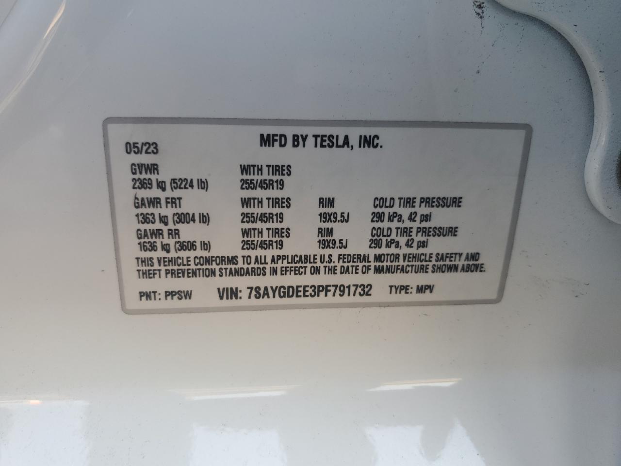 2023 TESLA MODEL Y VIN:7SAYGDEE3PF791732