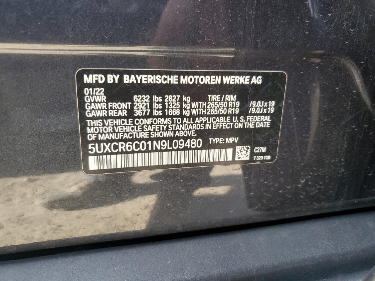 2022 BMW X5 XDRIVE40I VIN:5UXCR6C01N9L09480
