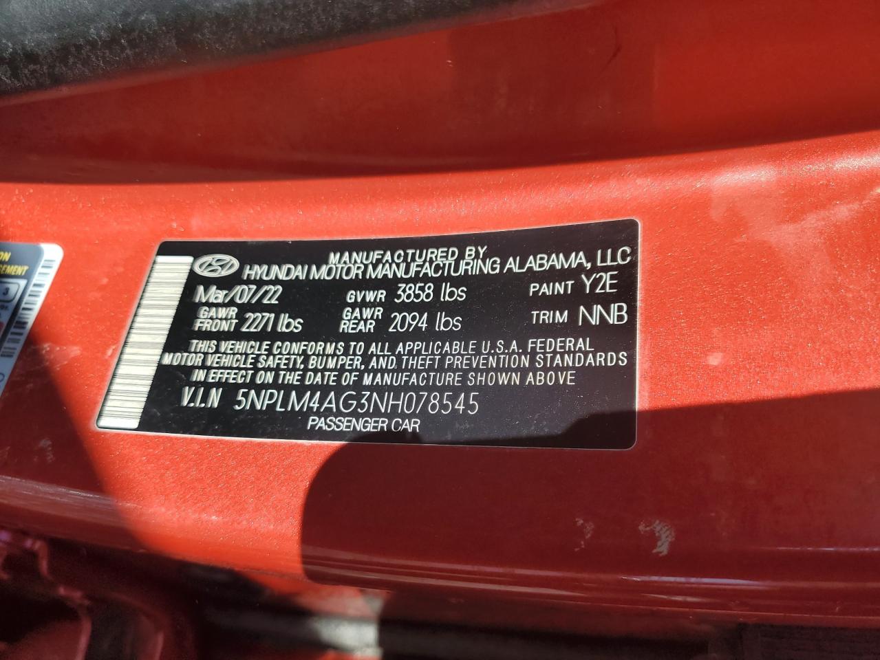 2022 HYUNDAI ELANTRA SEL VIN:5NPLM4AG3NH078545