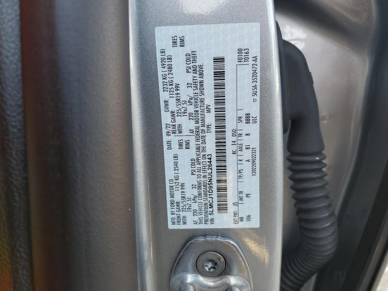 2022 LINCOLN CORSAIR VIN:5LMCJ1D95NUL26443