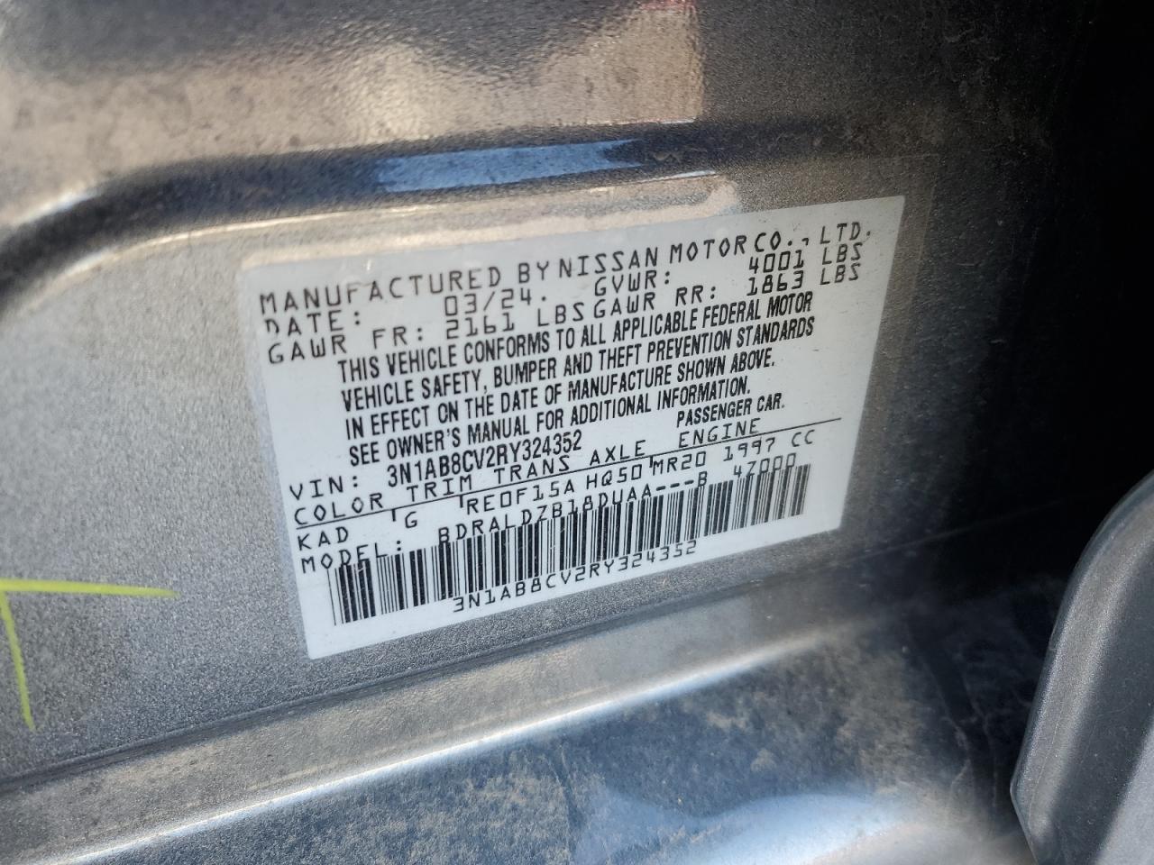2024 NISSAN SENTRA SV VIN:3N1AB8CV2RY324352