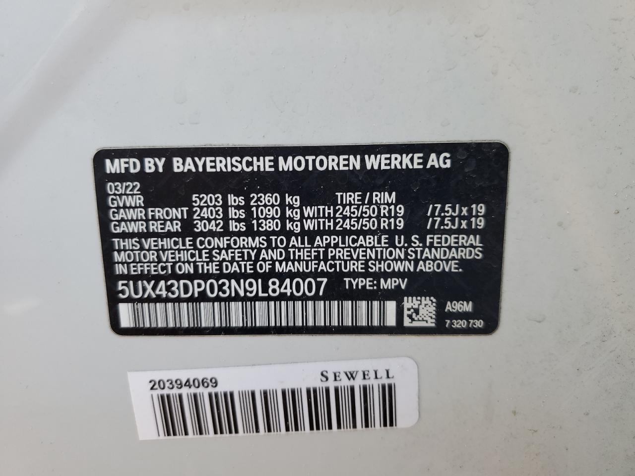 2022 BMW X3 SDRIVE30I VIN:5UX43DP03N9L84007