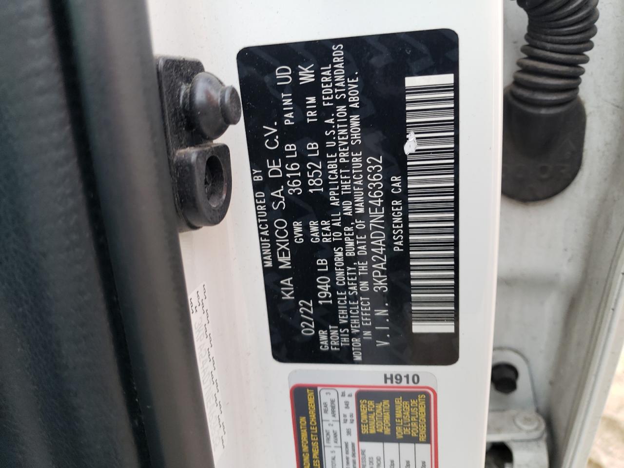 2022 KIA RIO LX VIN:3KPA24AD7NE463632