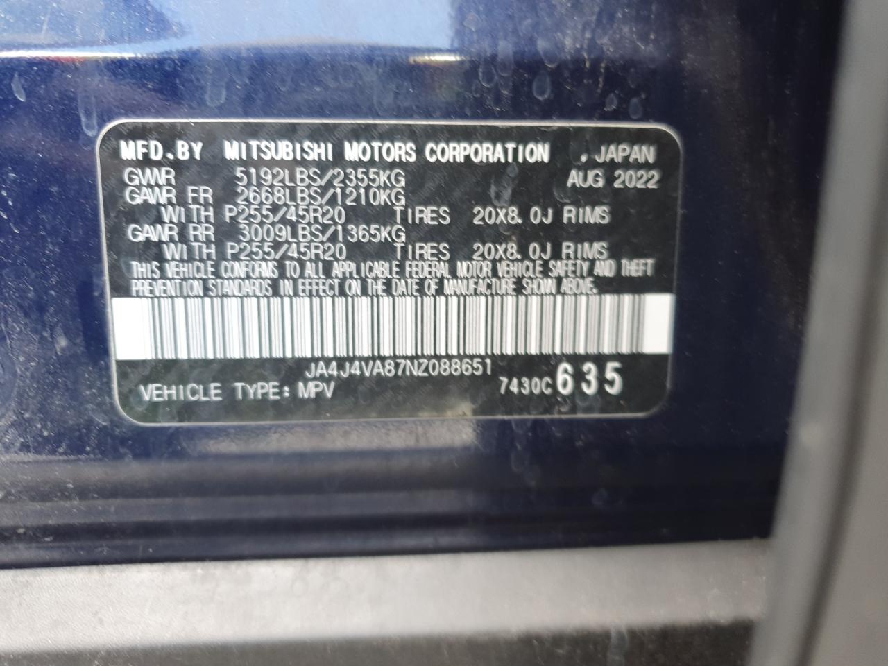 2022 MITSUBISHI OUTLANDER SEL VIN:JA4J4VA87NZ088651