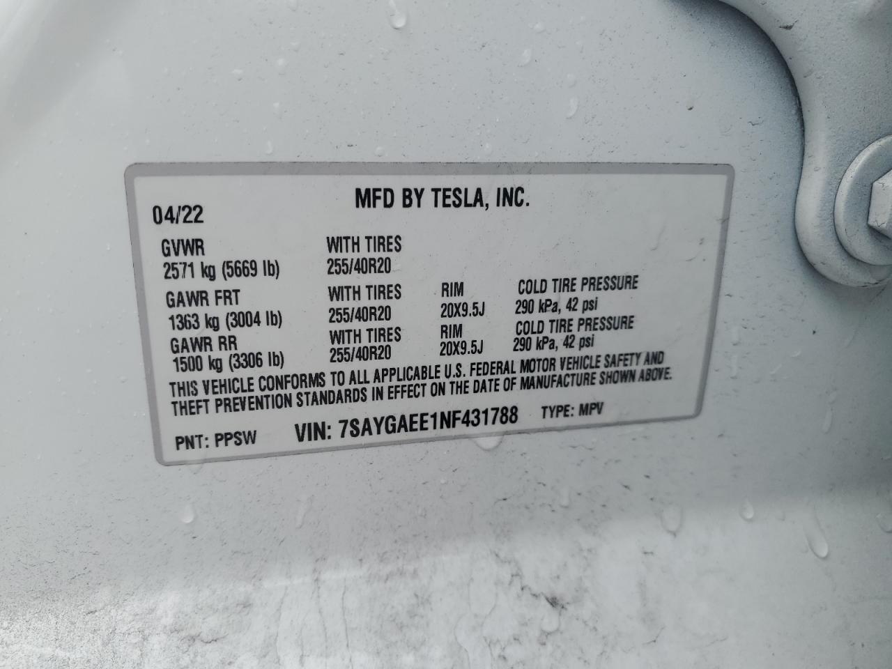 2022 TESLA MODEL Y VIN:7SAYGAEE1NF431788