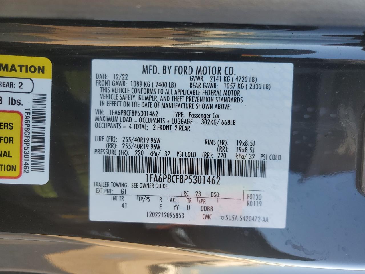 2023 FORD MUSTANG GT VIN:1FA6P8CF8P5301462