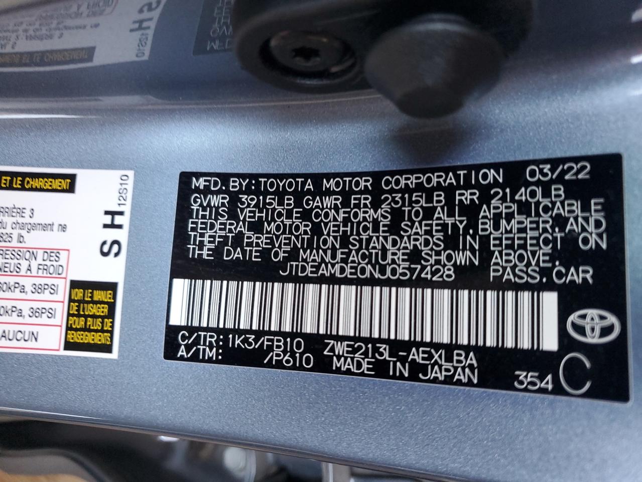 2022 TOYOTA COROLLA LE VIN:JTDEAMDE0NJ057428