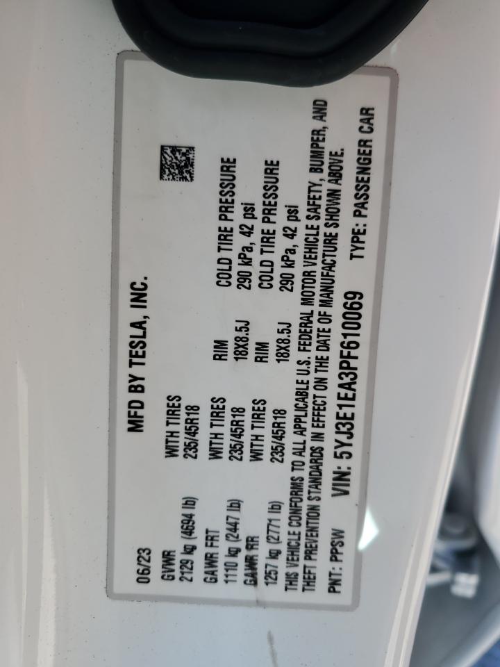 2023 TESLA MODEL 3 VIN:5YJ3E1EA3PF610069