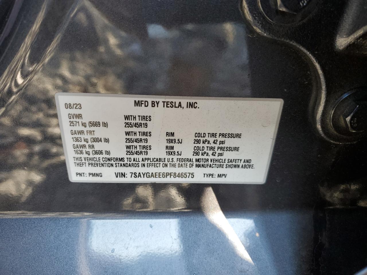 2023 TESLA MODEL Y VIN:7SAYGAEE6PF846575