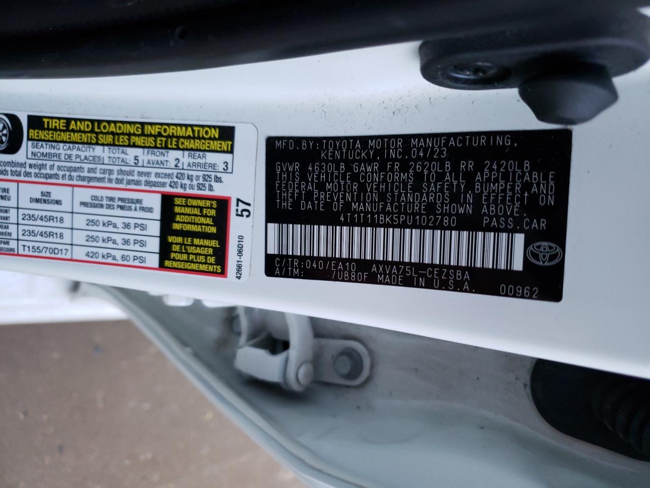 2023 TOYOTA CAMRY SE NIGHT SHADE VIN:4T1T11BK5PU102780