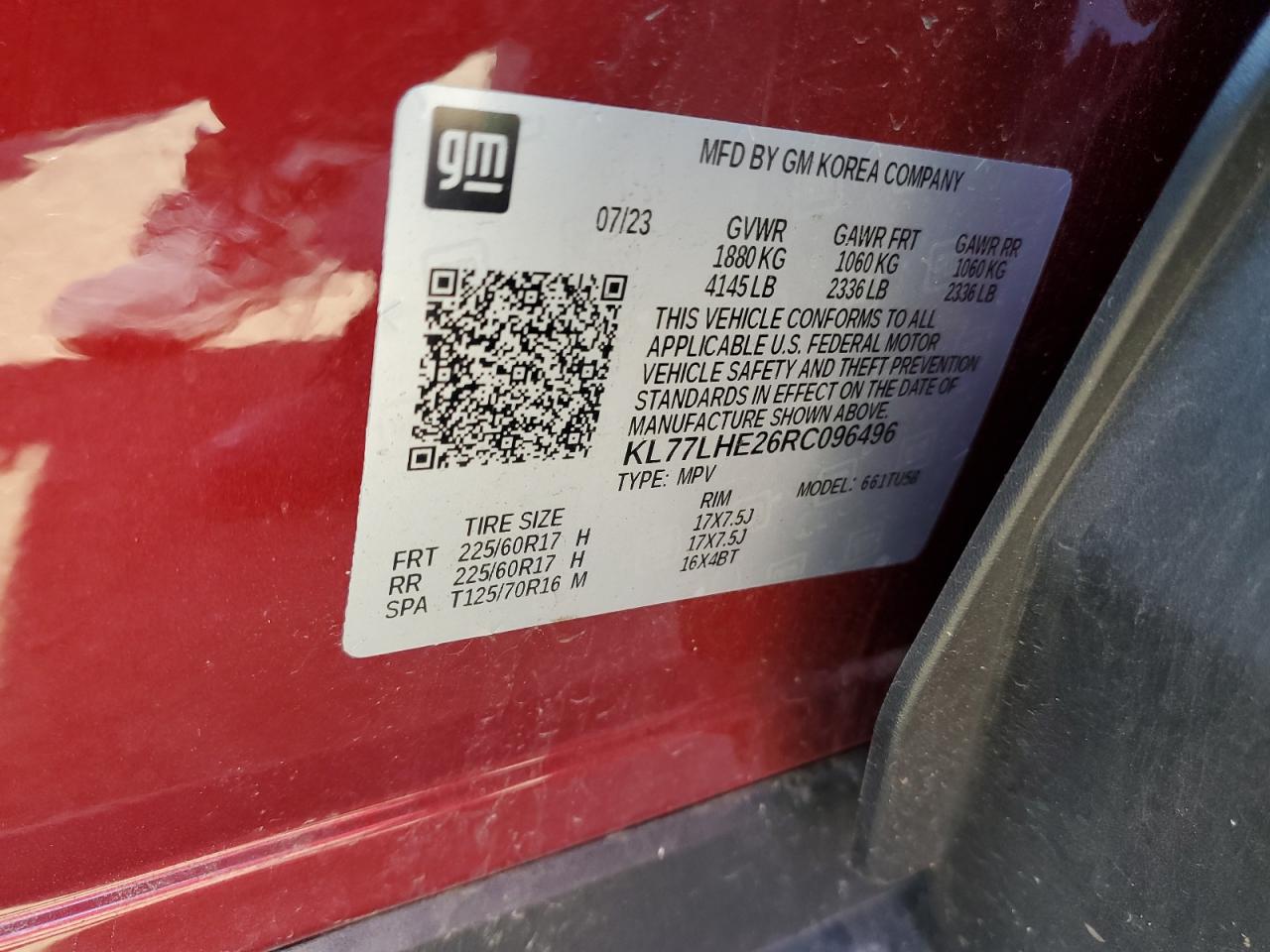 2024 CHEVROLET TRAX 1LT VIN:KL77LHE26RC096496