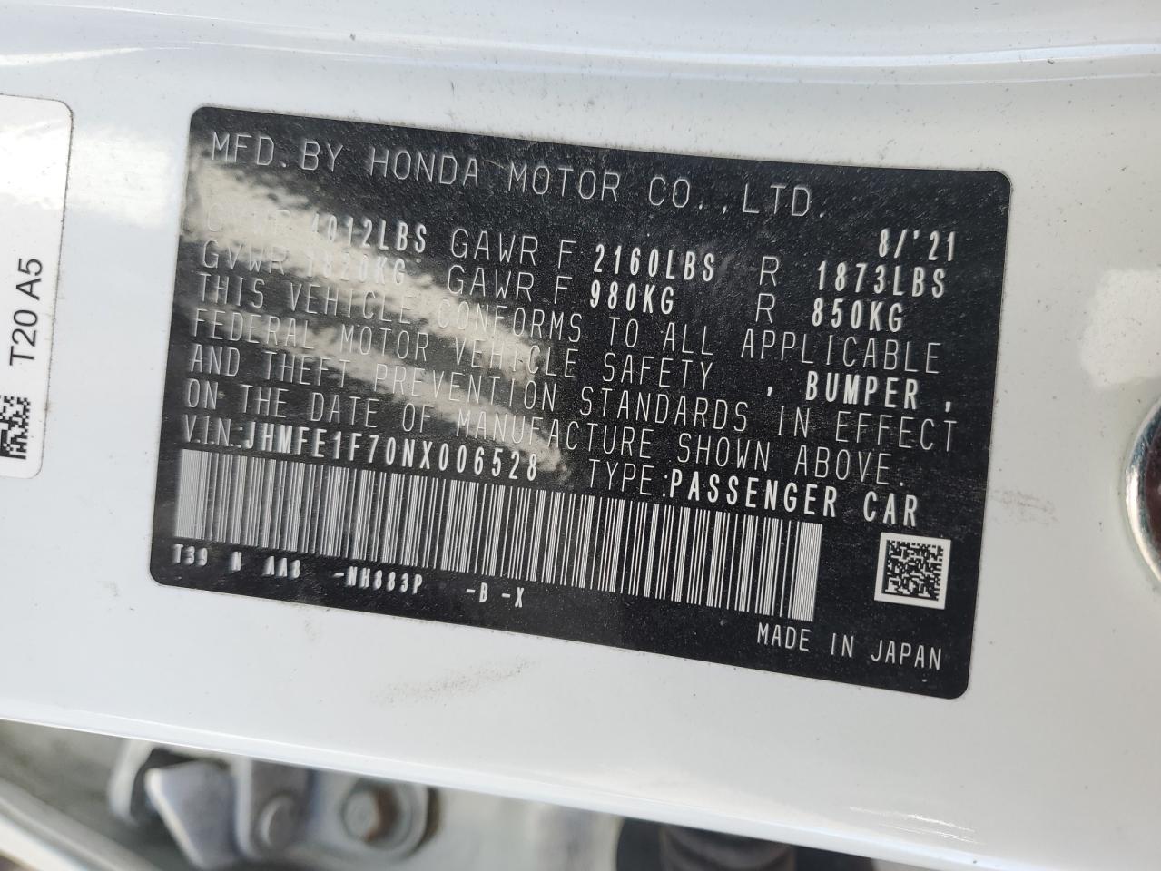 2022 HONDA CIVIC EX VIN:JHMFE1F70NX006528