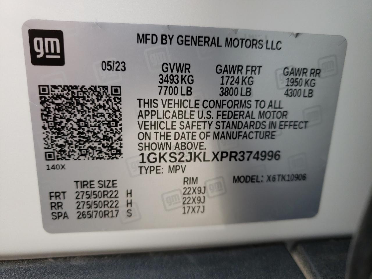 2023 GMC YUKON XL DENALI VIN:1GKS2JKLXPR374996