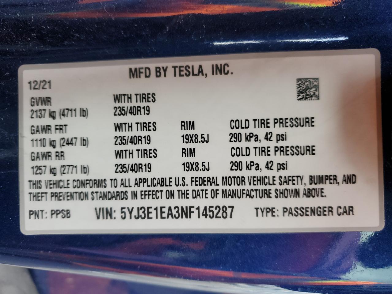 2022 TESLA MODEL 3 VIN:5YJ3E1EA3NF145287