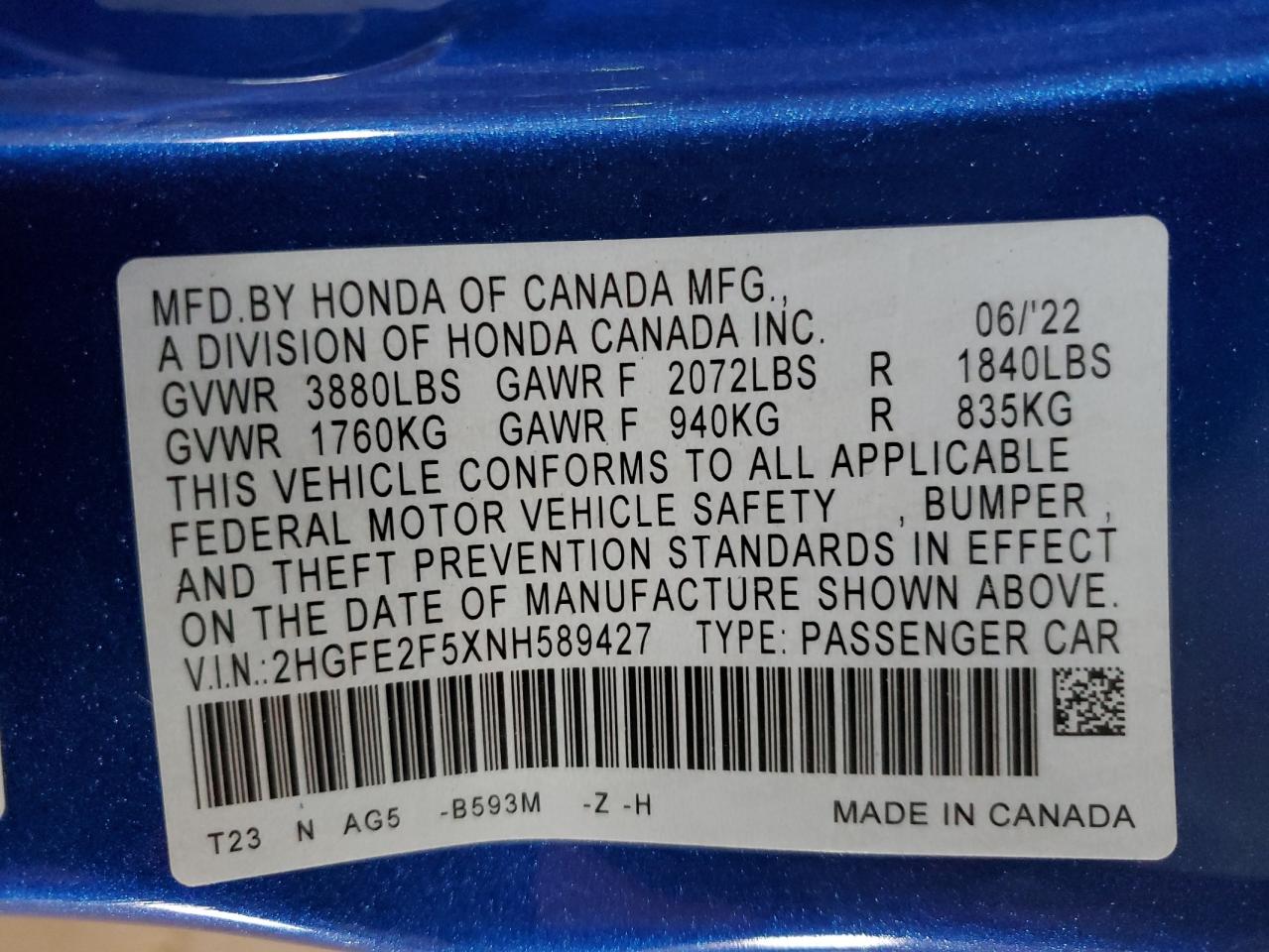 2022 HONDA CIVIC SPORT VIN:2HGFE2F5XNH589427