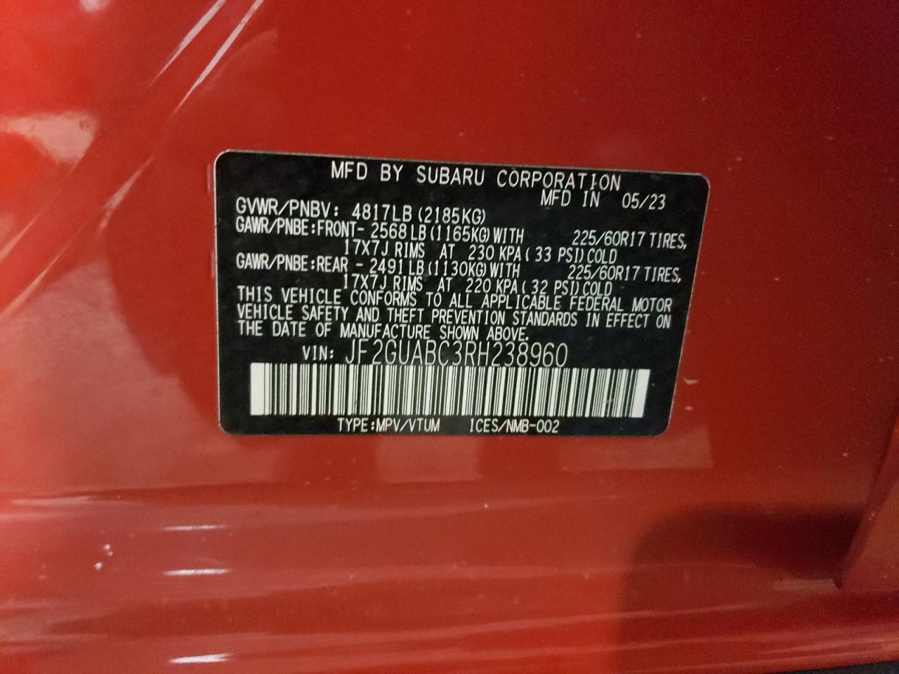 2024 SUBARU CROSSTREK VIN:JF2GUABC3RH238960