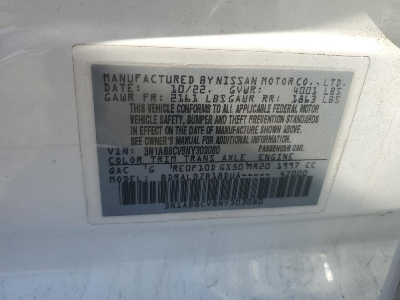 2022 NISSAN SENTRA SV VIN:2CNDL63F266050406