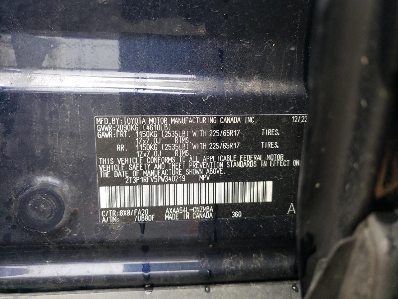 2023 TOYOTA RAV4 XLE VIN:2T3P1RFV5PW340219