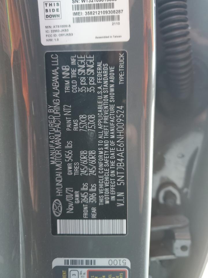 2022 HYUNDAI SANTA CRUZ SEL VIN:5NTJB4AE6NH009524