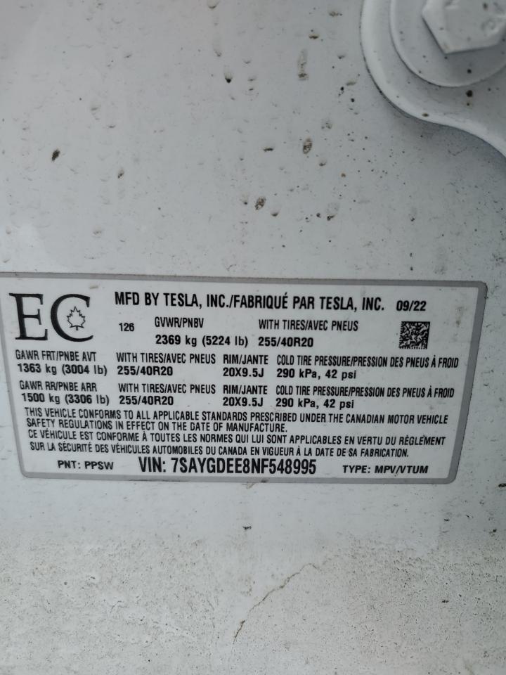 2022 TESLA MODEL Y VIN:7SAYGDEE8NF548995
