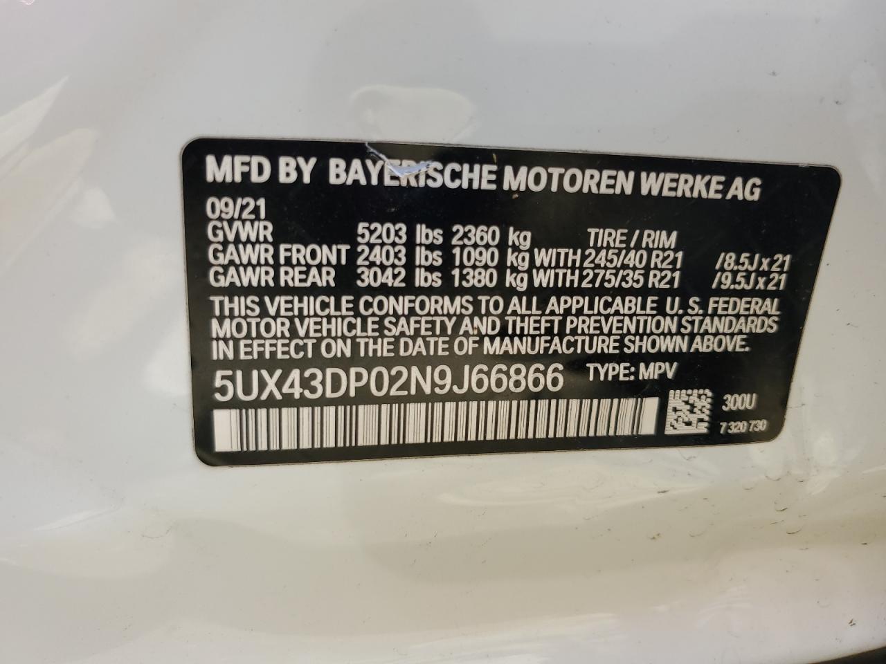 2022 BMW X3 SDRIVE30I VIN:5UX43DP02N9J66866