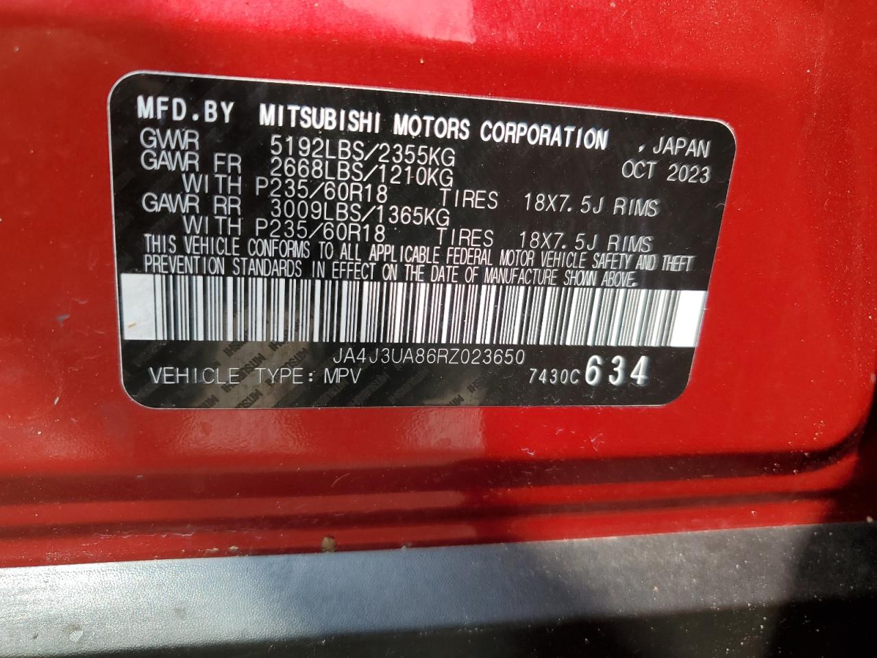 2024 MITSUBISHI OUTLANDER ES VIN:JA4J3UA86RZ023650