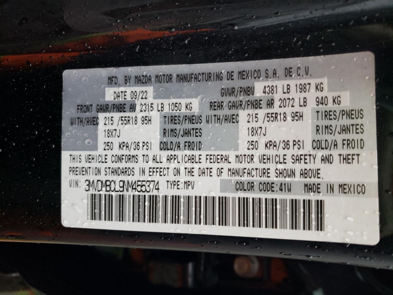 2022 MAZDA CX-30 PREFERRED VIN:3MVDMBCL9NM455374