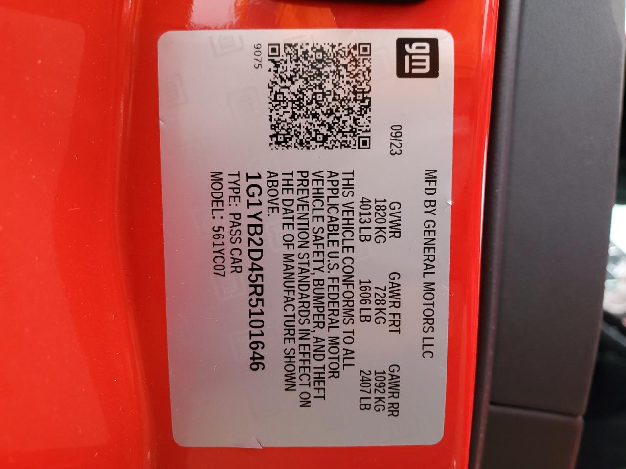 2024 CHEVROLET CORVETTE STINGRAY 2LT VIN:1G1YB2D45R5101646