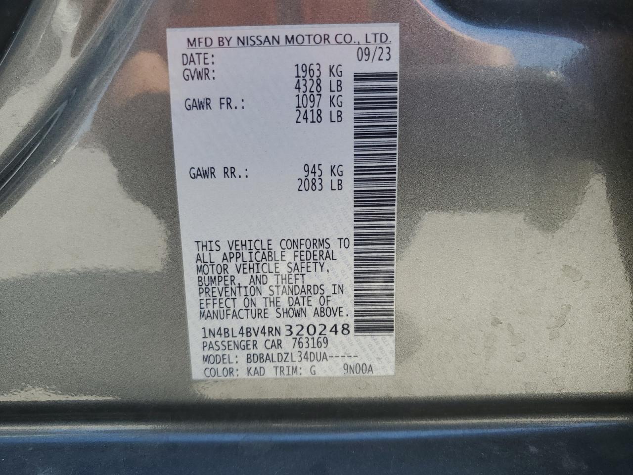 2024 NISSAN ALTIMA S VIN:1N4BL4BV4RN320248
