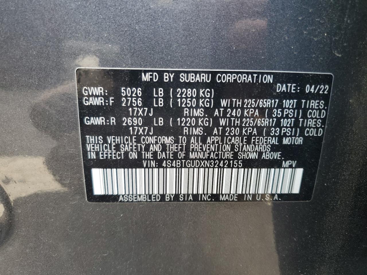 2022 SUBARU OUTBACK WILDERNESS VIN:4S4BTGUDXN3242155