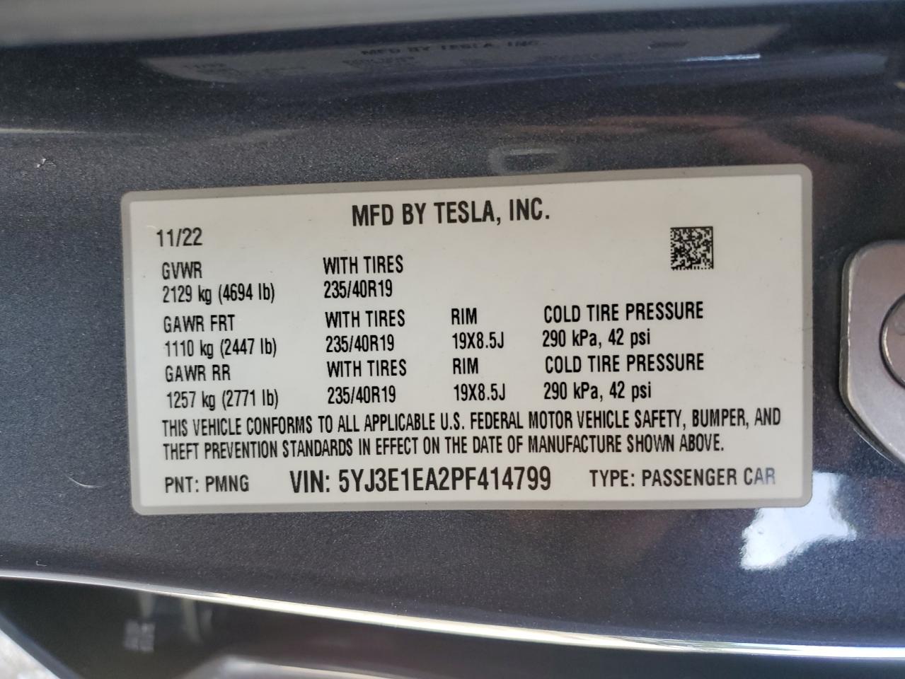 2023 TESLA MODEL 3 VIN:5YJ3E1EA2PF414799