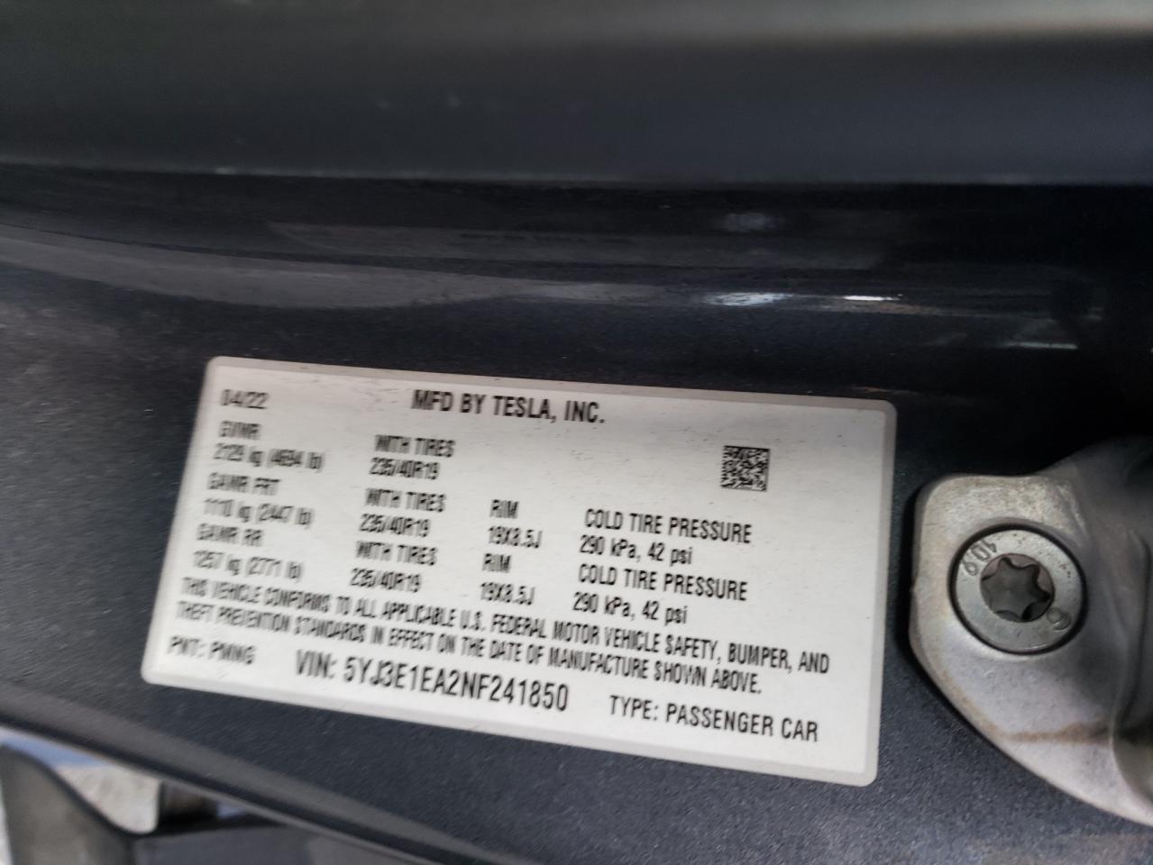 2022 TESLA MODEL 3 VIN:5YJ3E1EA2NF241850