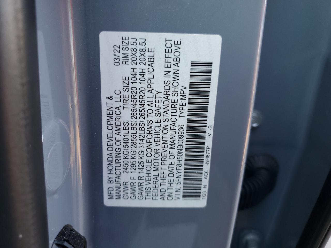 2022 HONDA PASSPORT EXL VIN:5FNYF8H50NB009936