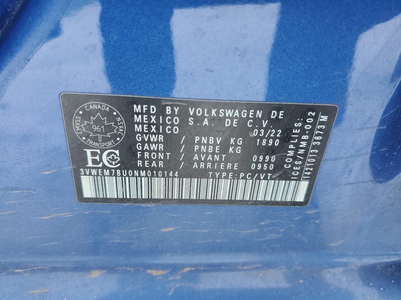 2022 VOLKSWAGEN JETTA SE VIN:3VWEM7BU0NM010144